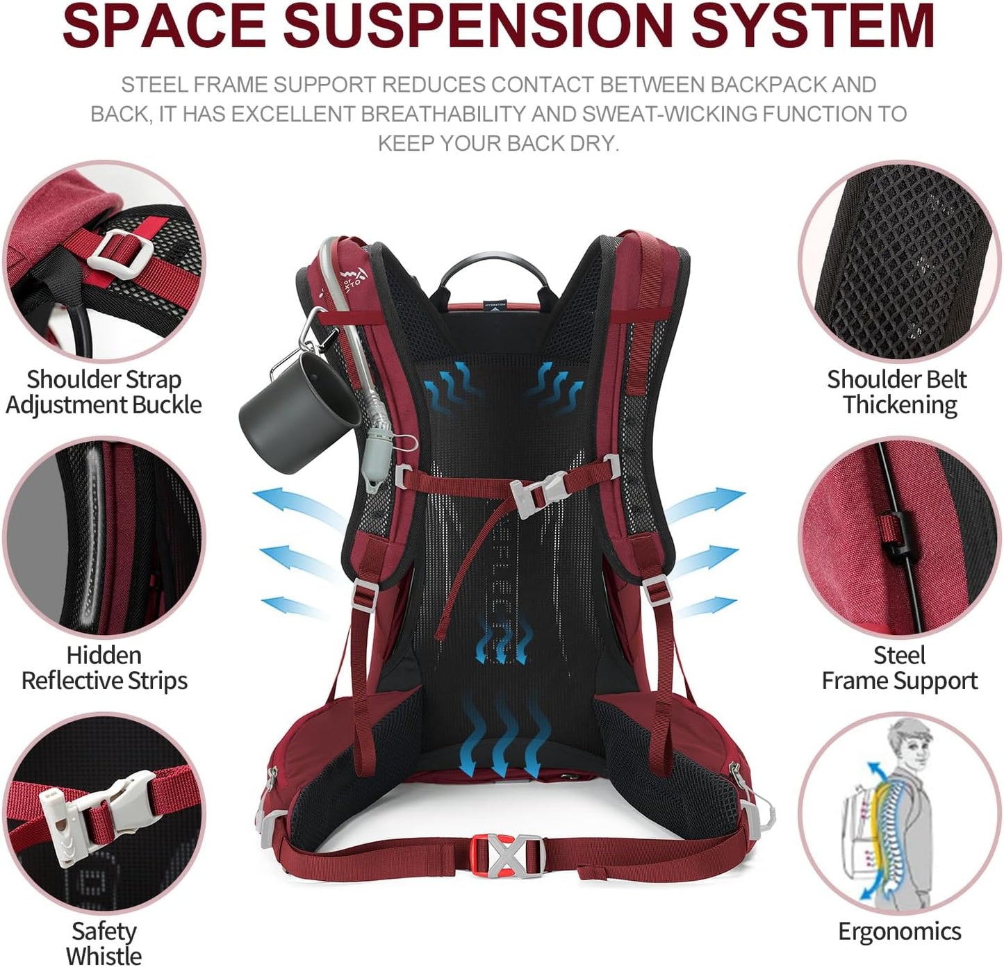 Hiking Backpack, Waterproof Hiking Daypack with 3L Water Bladder and Rain Cover, Lightweight Travel Camping Backpack for Men Women (Red)