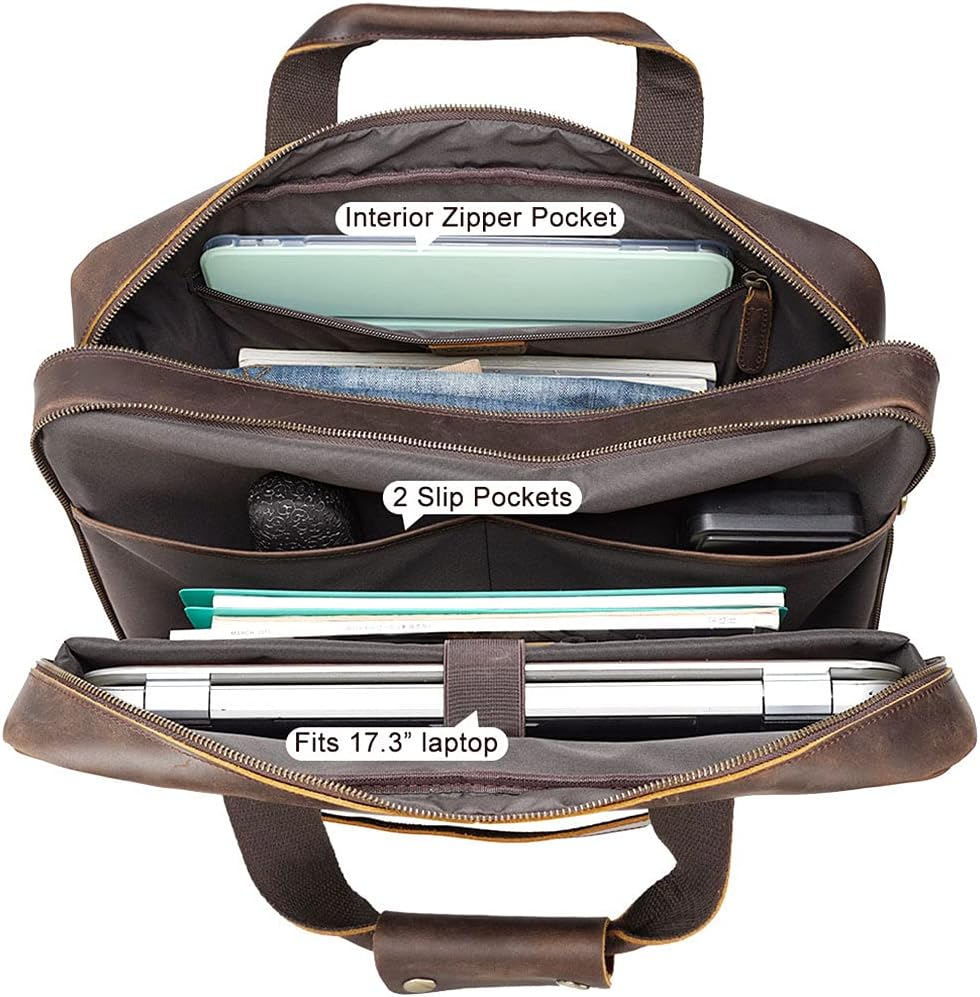 TIDING 18 Inch Full Grain Leather Briefcase for Men Business Travel Messenger Shoulder Bag Fits 17.3" Laptop