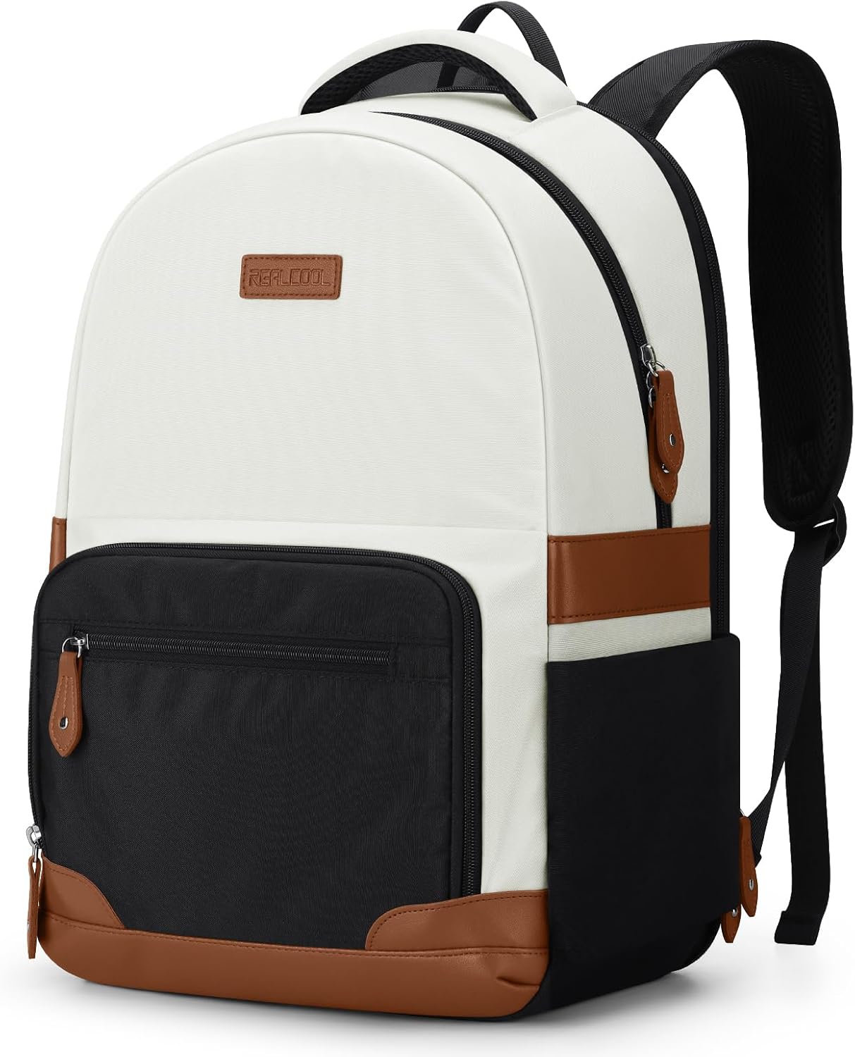 RealCool Laptop Backpack, 31L Travel Backpacks for Women Men, Fits up to 15.6-17 Inch,Water Resistant College Bookbag, for School Business Trip (Beige-Black)