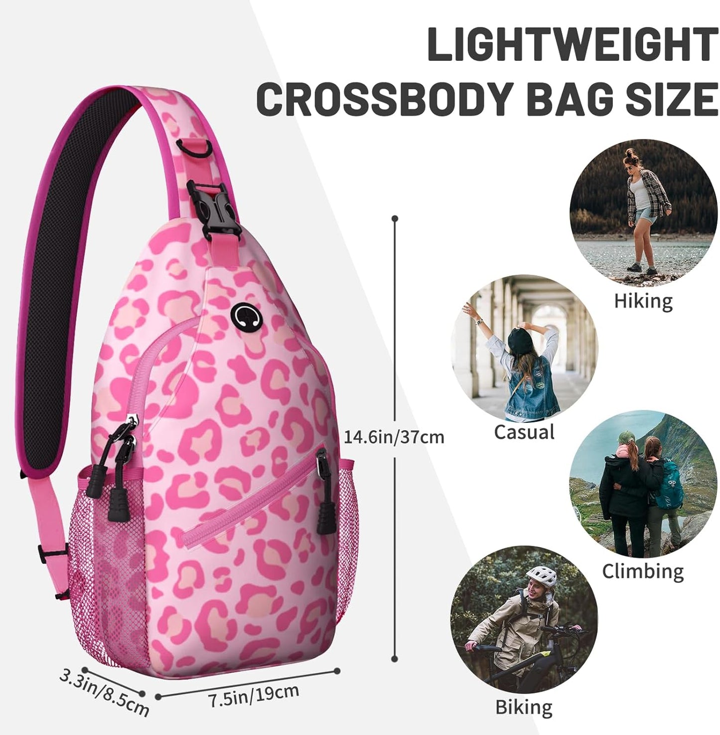 Pink Leopard Print Sling Bag Crossbody Chest Bag for Women Men, Water Resistant Lightweight Casual
