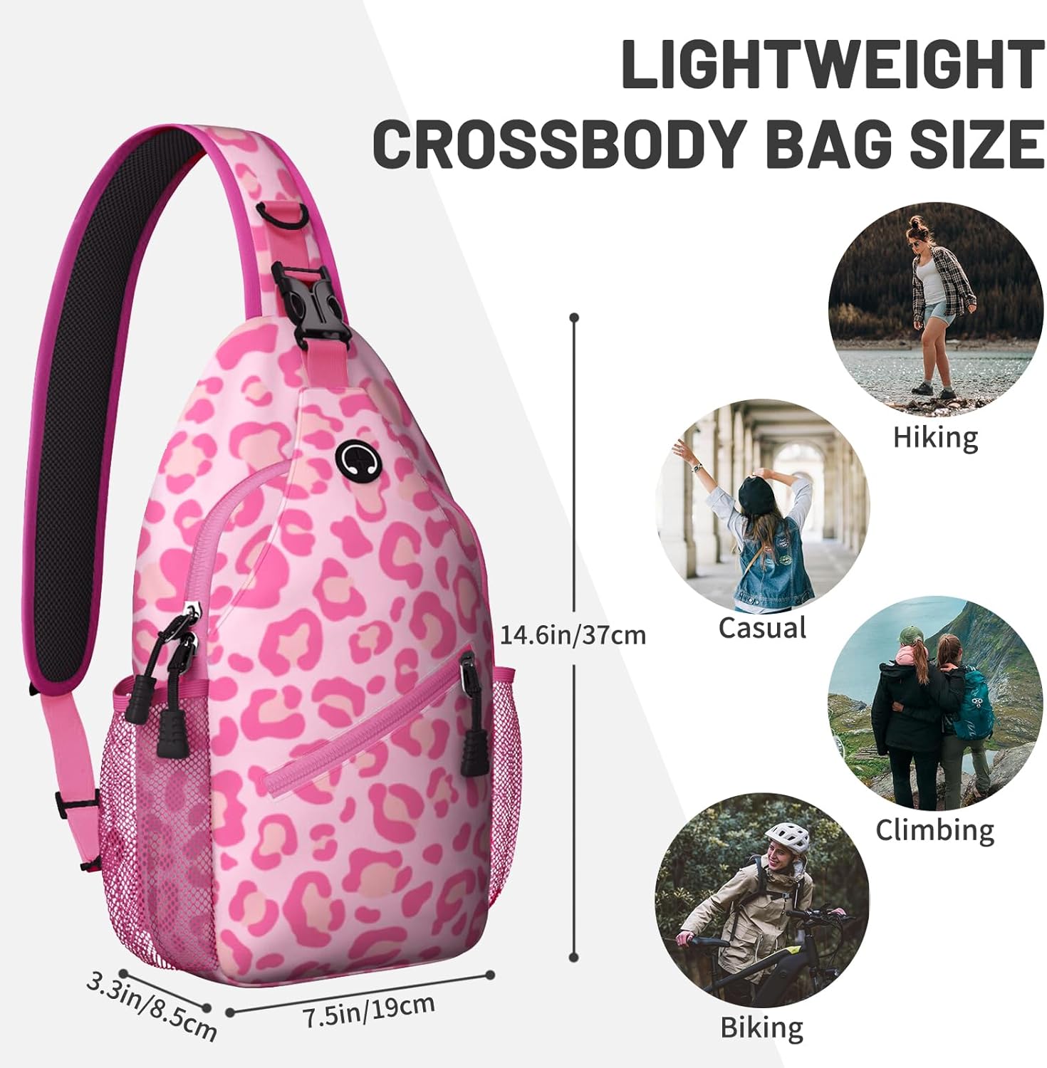 Pink Leopard Print Sling Bag Crossbody Chest Bag for Women Men, Water Resistant Lightweight Casual