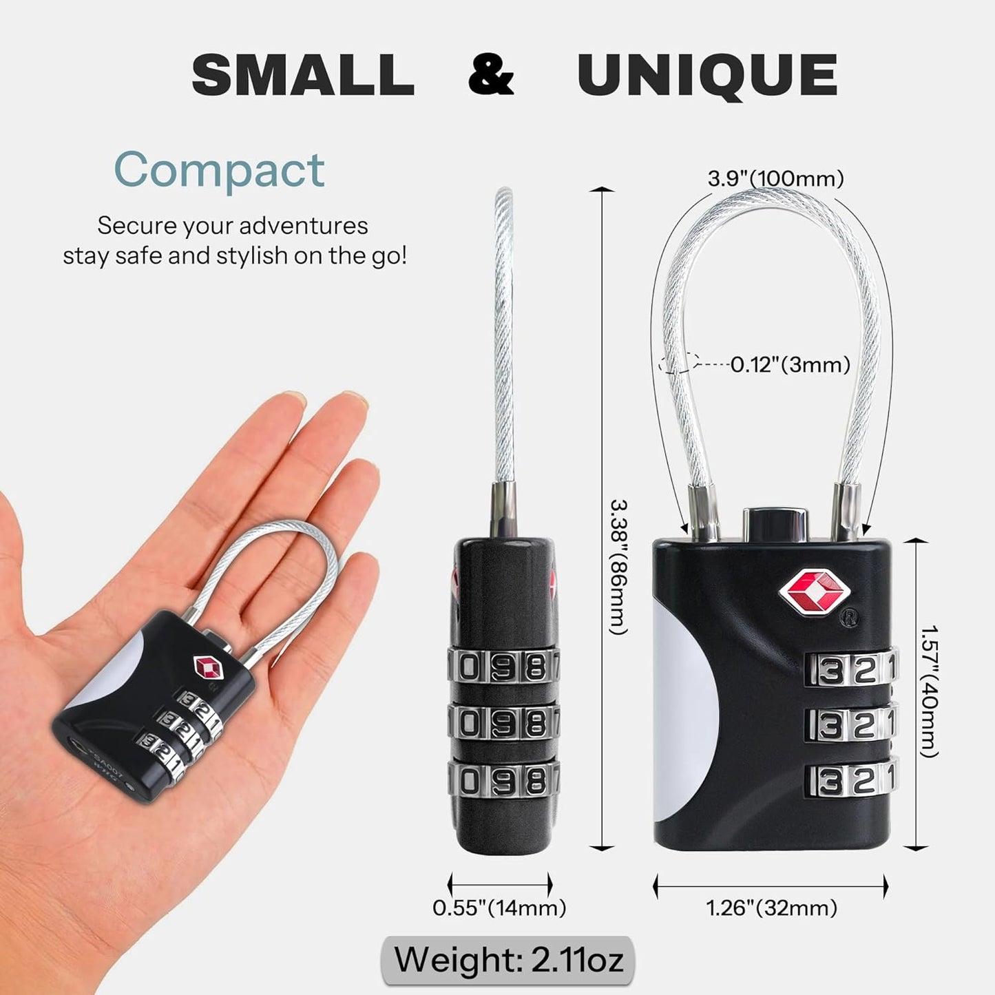TSA Approved Luggage Locks - Small Combo Travel Padlock with Cable, TSA 007 Suitcase & Backpack Security, Durable & Easy to Use (Black+Silver)