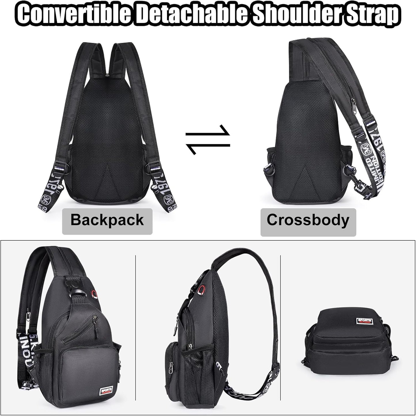 Sling Bag for Women Man Sling Backpack with Convertible Shoulder Strap Casual Backpack Daypack for Travel, Hiking and Daily Commute (Black, Small)