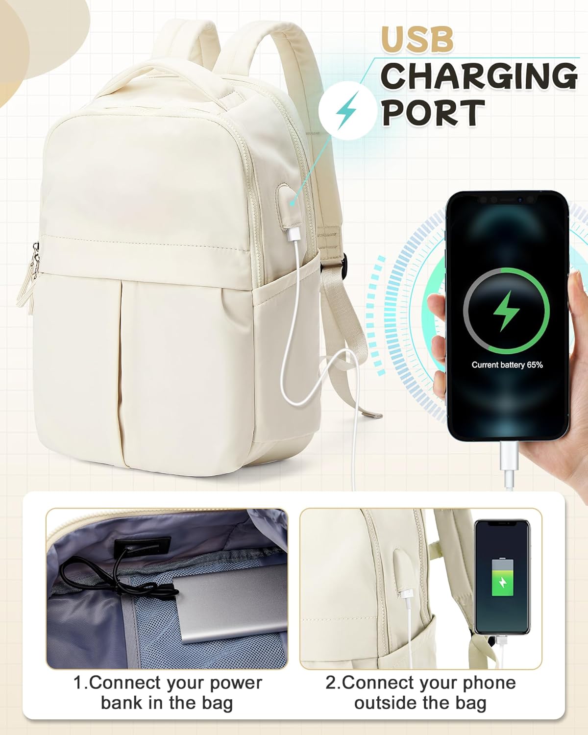 Laptop Backpack for Women Men Gym Work Backpack Casual Daypack Backpacks Small Travel Backpack for Traveling on Airplane Lightweight College Teacher Backpacks for Women Beige