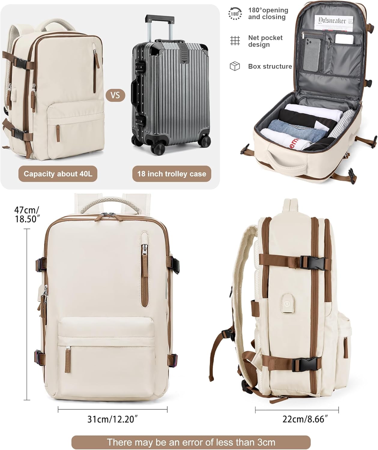 Large Travel Backpack Bag for Women Men,Carry on Backpack,17 Inch Laptop Business Work Waterproof Backpack with Laptop Compartment,Person Item Flight Approved,Mochila de Viaje,Beige with Brown Large