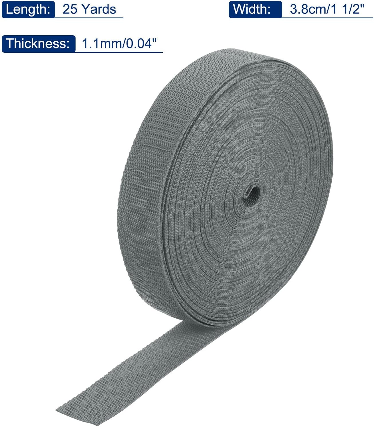 MECCANIXITY Lightweight Polypropylene Webbing Strap 1 1/2" 25 Yard Backpack Strapping Band Grey for Outdoor Luggage Cargo Straps