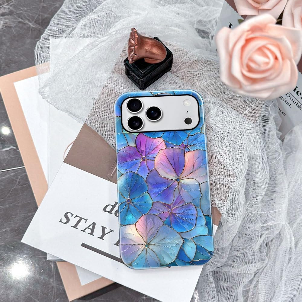Case for iPhone 17 Pro Max - Slim Fit Anti-Scratch Phone Case for Girl Women - Blue Hydrangea Floral Stained Glass Aesthetic (Glossy)