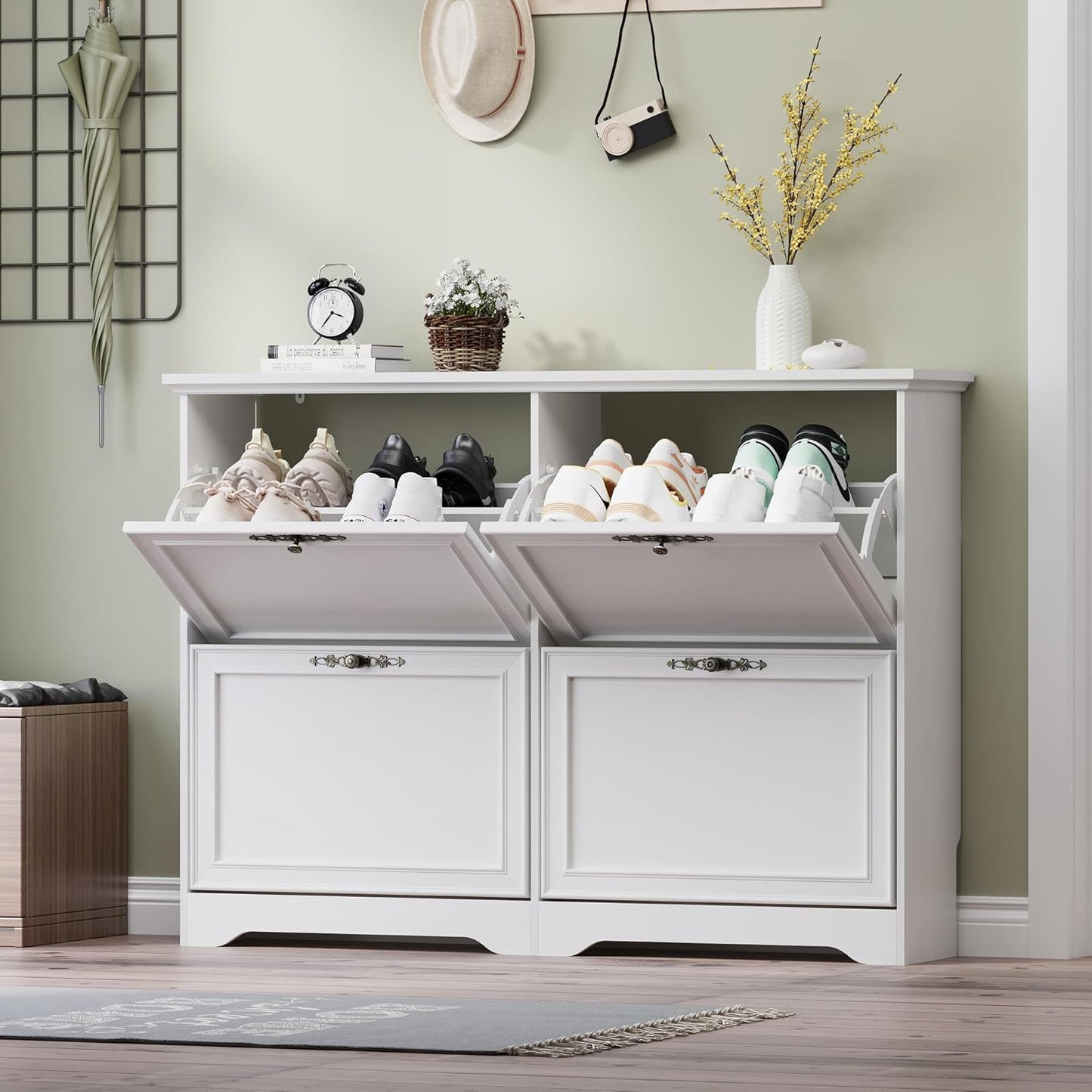 Large Shoe Cabinet for Entryway, 4 Flip Drawer Organizer with Adjustable Shelves, Wooden Slim Shoe Storage Cabinet and Rack for Closet, Hallway, Foyer