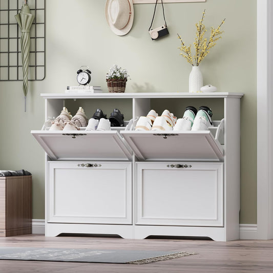 Large Shoe Cabinet for Entryway, 4 Flip Drawer Organizer with Adjustable Shelves, Wooden Slim Shoe Storage Cabinet and Rack for Closet, Hallway, Foyer