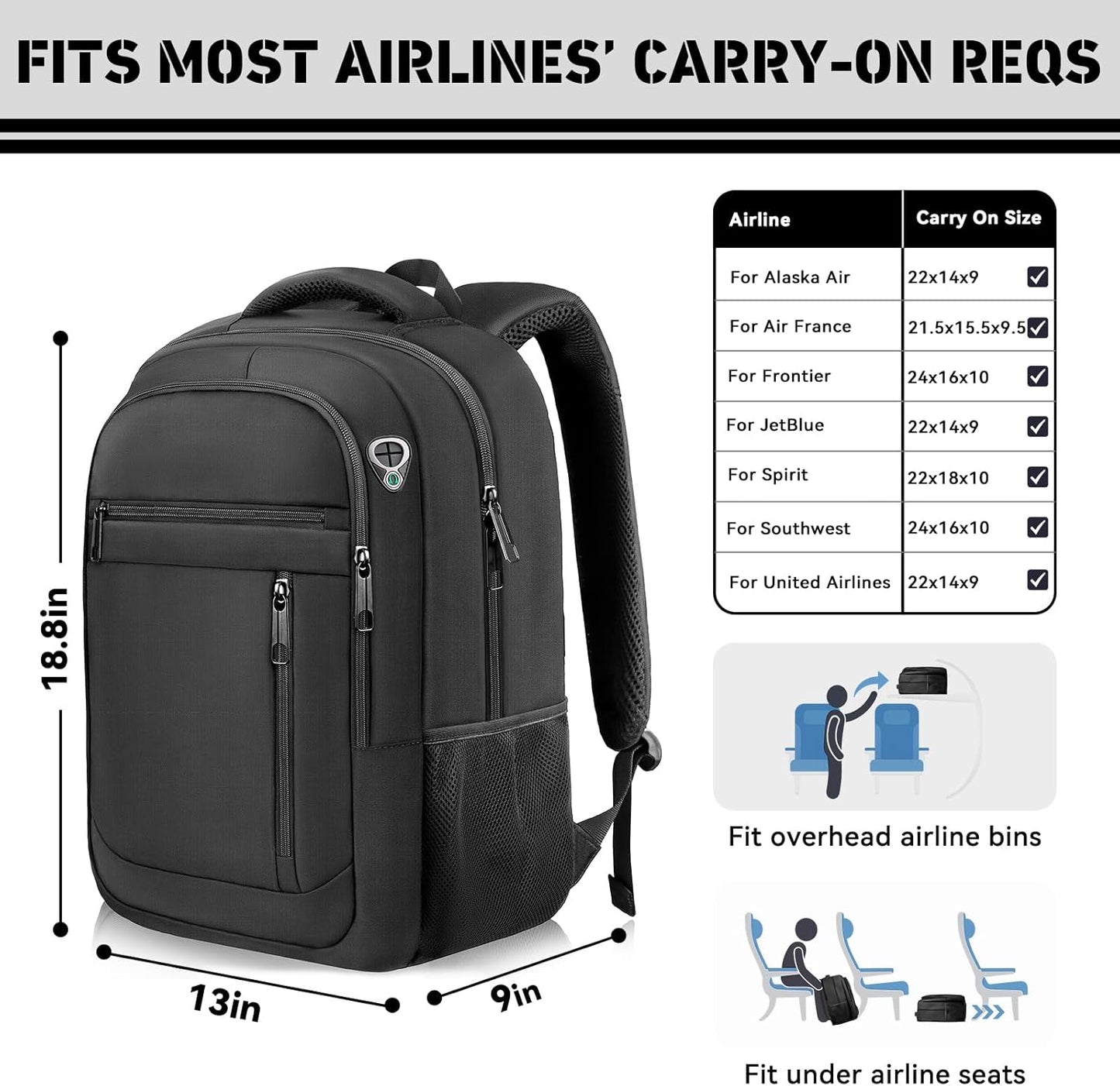 Travel Backpack for Men, 40L Business Laptop Backpack with 17.3 Inch Laptop Compartment, Lightweight Daypack for Flight, Durable Water Resistant Bookbag, Hiking, Work Backpack, Black