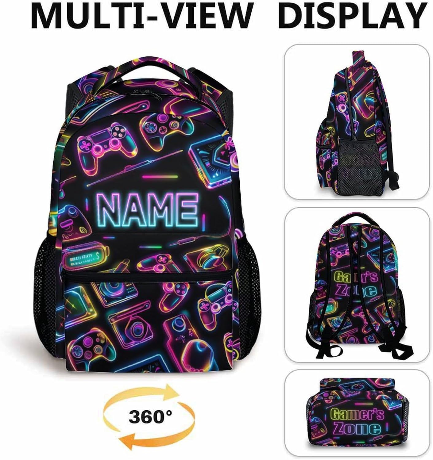 School Backpacks for Boys Girls, 17" Game Backpack for Kids Students, Custom Name Large Capacity Gaming Bookbag for Kindergarten Primary, Personalized School Supplies for Travel Hiking Camping