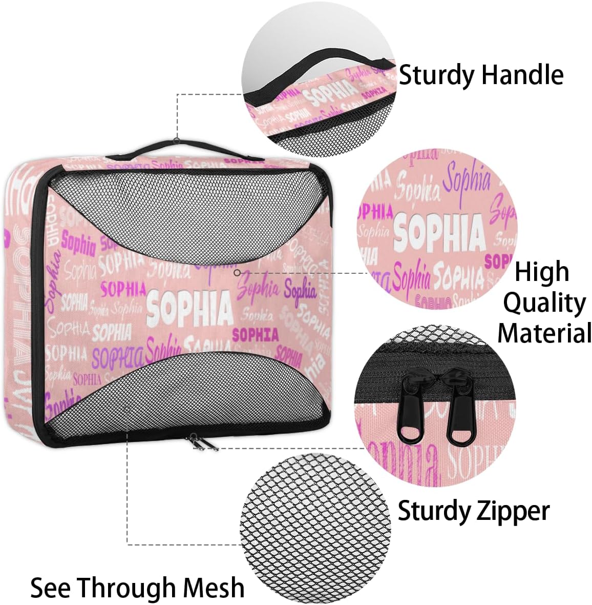 Custom Name Compression Packing Cubes Luggage Organizer Bags for Travel, Pale Pink Double Zipper Packing Cubes for Suitcases