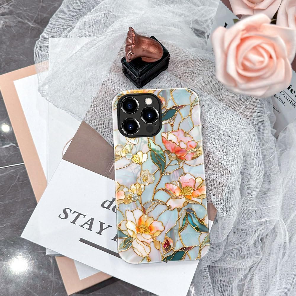 Case for iPhone 15 Pro - Slim Fit Anti-Scratch Phone Case for Girl Women - Stained Glass Aesthetic Flowers (Glossy)