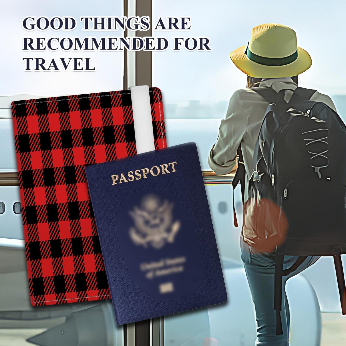 Passport Holder for Travel Essentials, RFID Premium Leather Passport Wallet Cover Case for Travel Must Haves Accessories, Passport Book Holders for Women Men Luxury Black Red Plaid