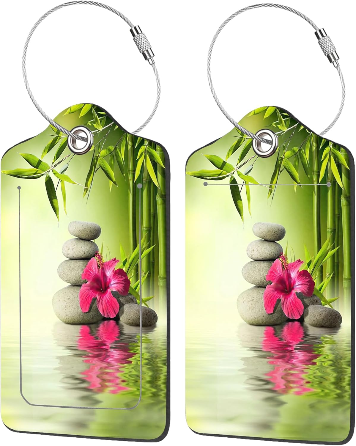 2 Pack Luggage Tags for Suitcases,Stones,Red Hibiscus and Bamboo Luggage Tag,PU Leather Id Label Luggage Tags with Stainless Steel Loop and Privacy Cover for Women Men Teens Travel