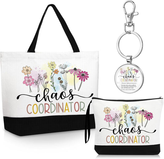 Kacctyen 3 Pcs Chaos Coordinator Gifts Fine Canvas Tote Bag Makeup Cosmetic Bag Chaos Coordinator Appreciation Keychains Gifts for Female Women Birthday Christmas