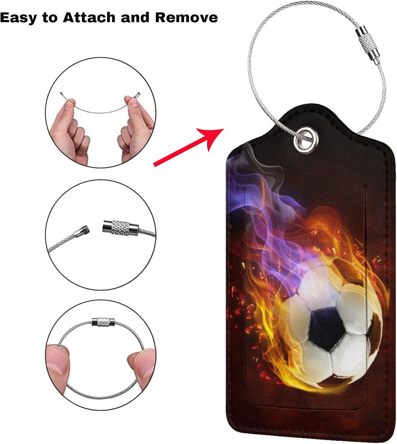 2 Pack Soccer Luggage Tag for Suitcases for Travel, Sports-Themed Backpack Bag Case Tags for Teen Boys Men Cool Flame PU Leather Baggage Tag with ID Label Privacy Flap Cover