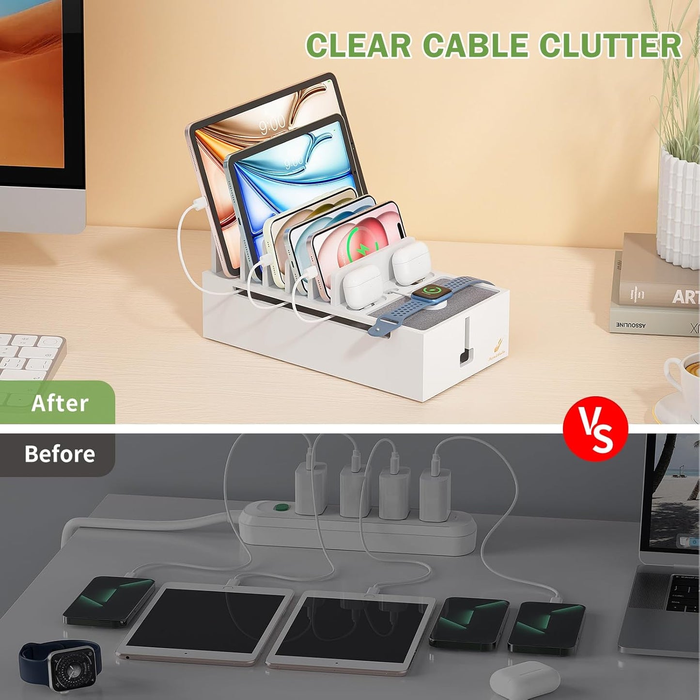 Pezin & Hulin Bamboo Charging Dock Station for Electronic Devices, Docking Organizer for Phone and Tablets, Smart Watch, Earbuds, Power Strip Box (Included 5-Port USB Charger and 5 Cables) -White