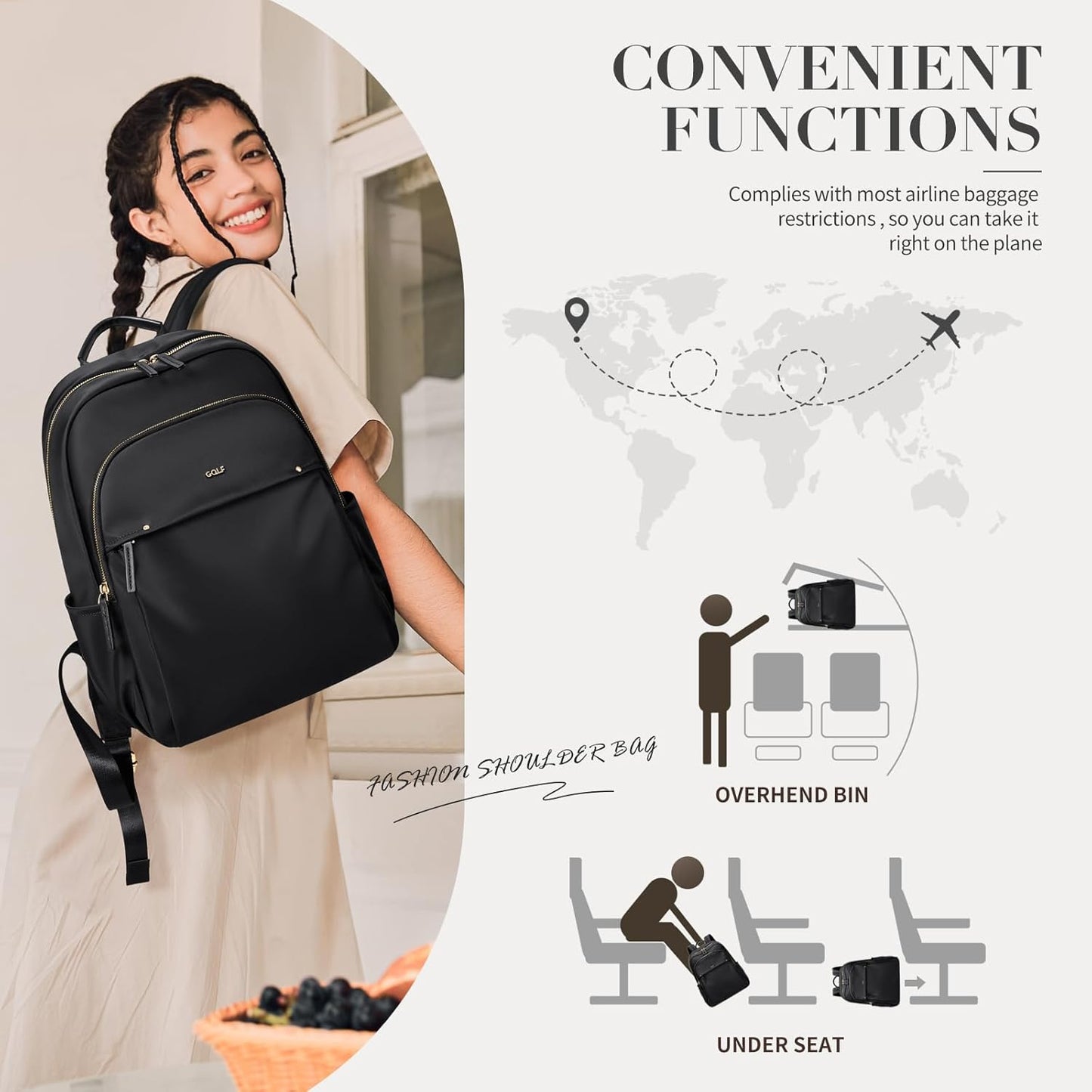 GOLF SUPAGS Stylish Laptop Backpack for Women Computer Bag Fits 14 Inch Notebook Travel College Work Backpacks Purse (Black)