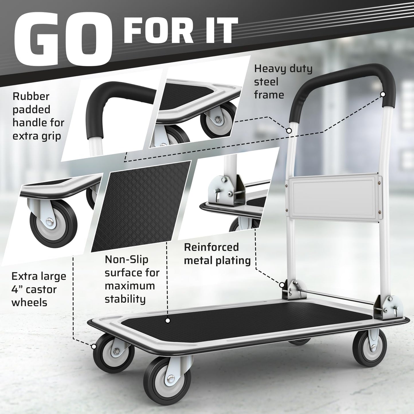 Heavy Duty Foldable Push Cart Dolly | 330 lbs. Capacity | Upgraded Collapsible Hand Truck Folding Platform with Swivel Wheels | Flat Bed Moving Wagon | Space Saving Push Handle (White)