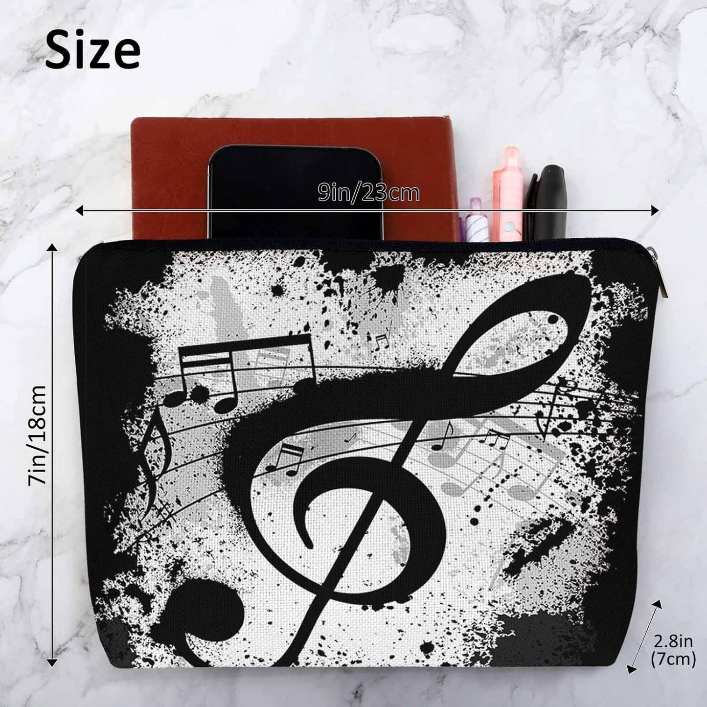 Music Notes Makeup Organizer Bag Cosmetic Bag For Men Women, Grunge Musical Notes Melody Black Travel Toiletry Bag Flax Makeup Bags Purse Business Makeup Pouch For Toiletries Cosmetics