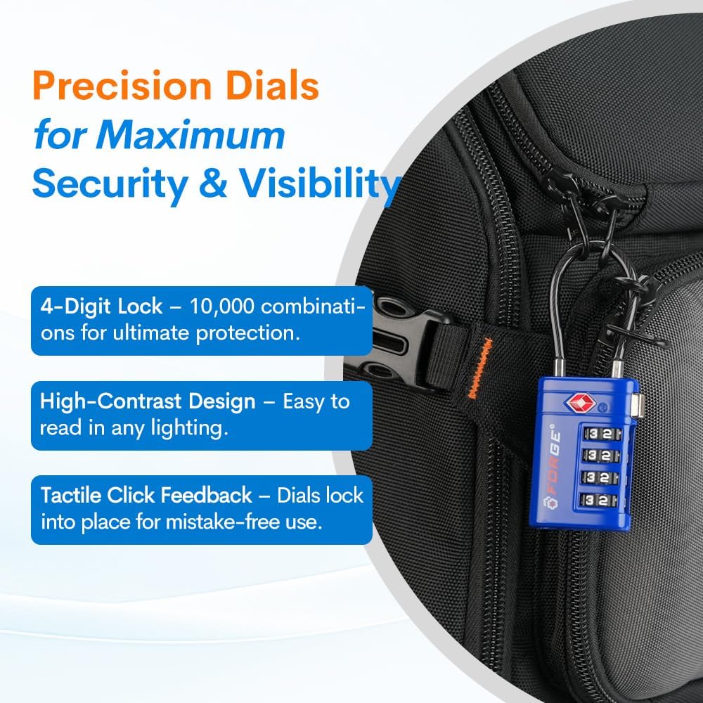 Forge TSA Approved Luggage Locks 4 Digit Combination TSA Travel Locks with TSA008, Open Alert Indicator, Zinc Alloy Body for Luggage, Suitcase, Backpack, and More. 3 Color 6 Locks.