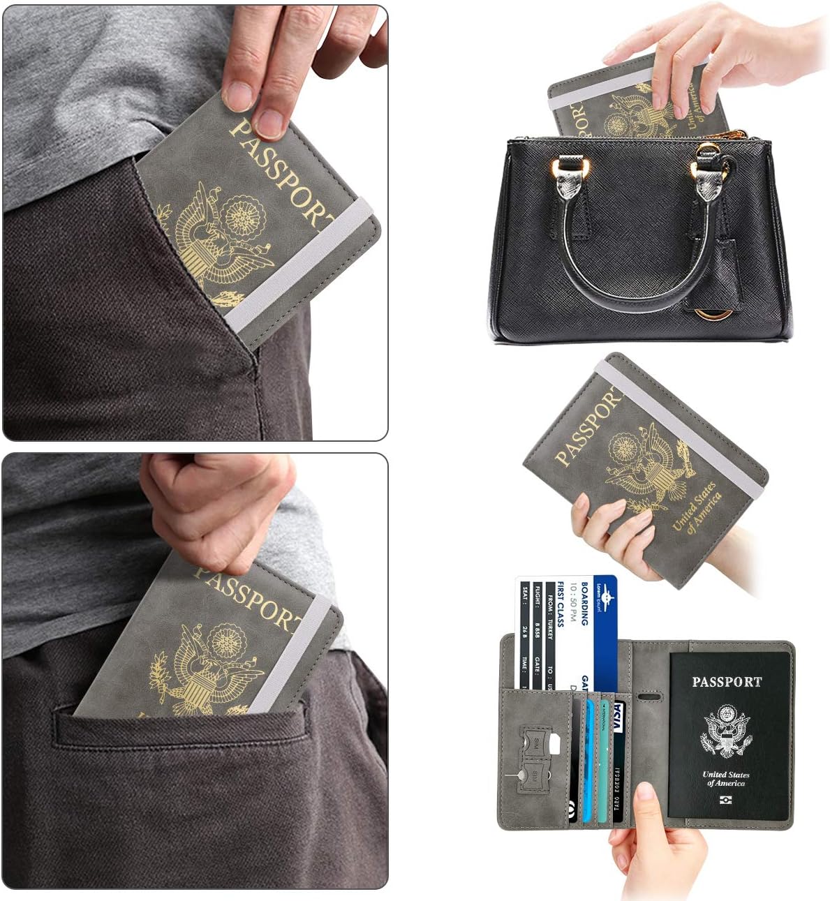 WALNEW Passport Holder for Travel, RFID Passport Cover Wallet for Women Men, PU Leather Passport Book Card Holder Case with Pen, Travelling Essentials for Flying