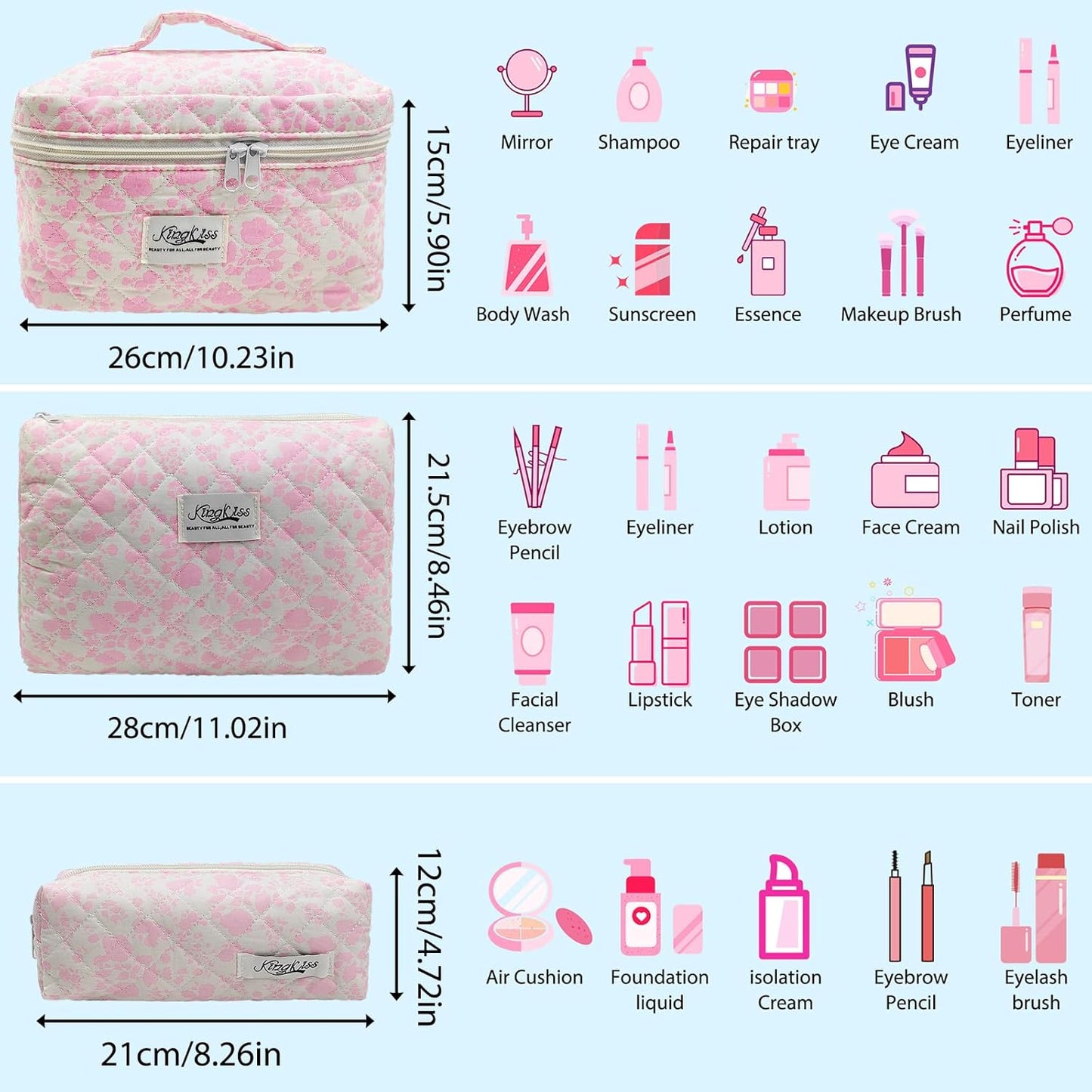 Quilted Makeup Bag, Large Capacity Travel Cosmetic Bag for Women and Girls, Aesthetic Storage for Daily and Travel Use (3pcs-Pink orchid)