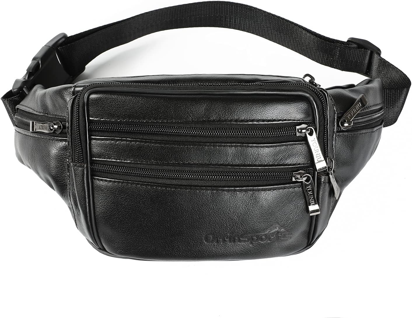 Black Leather Fanny Pack for Men & Women, Fashionable Multi-Pockets Waist Belt Bag for Travel Sports Hiking Cycling Fishing Running