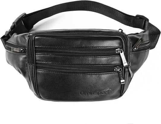 Black Leather Fanny Pack for Men & Women, Fashionable Multi-Pockets Waist Belt Bag for Travel Sports Hiking Cycling Fishing Running
