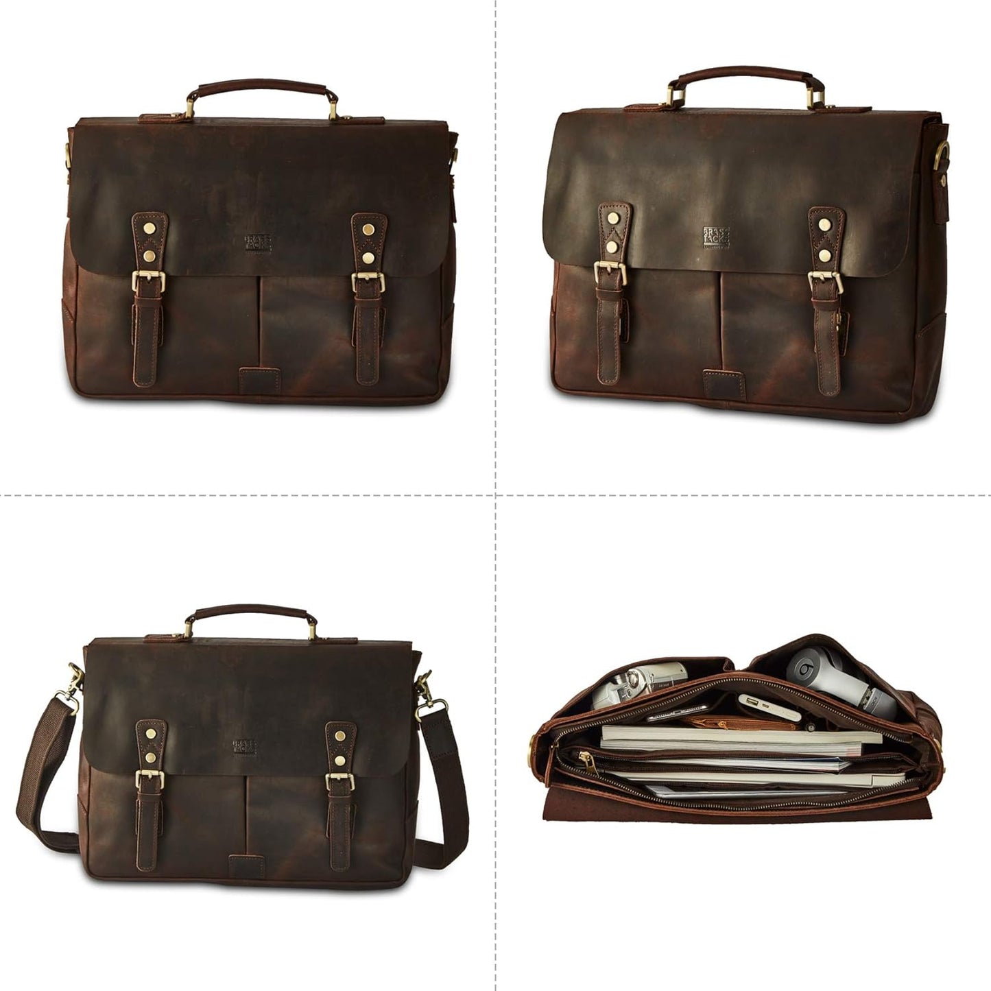 Full Crazy Horse Leather Briefcase Tote Vintage Buckle Strap Messenger Bag 15.6 inch Laptop Tablet Shoulder Bag