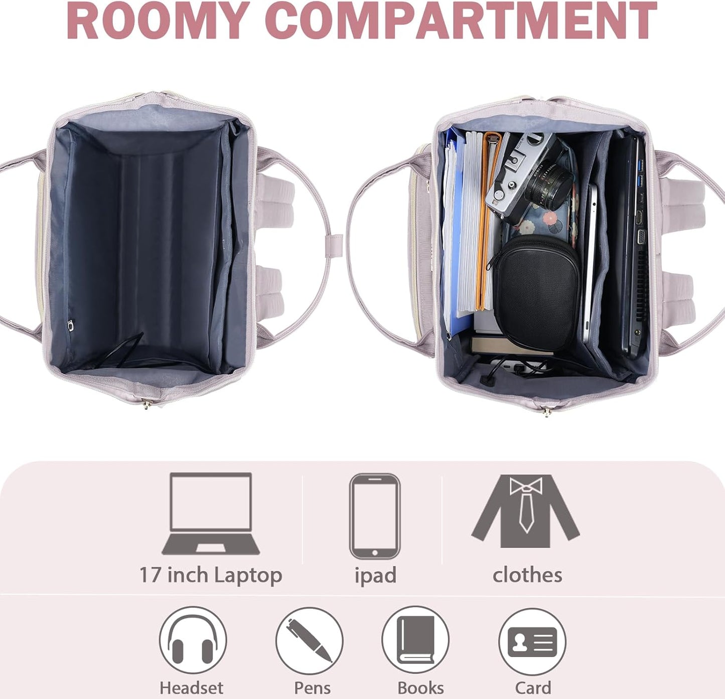 KROSER Laptop Backpack 17" Stylish Backpack Water Repellent College Casual Daypack with USB Port Travel Business Work Bag for Men/Women-Quilted Dusty Pink