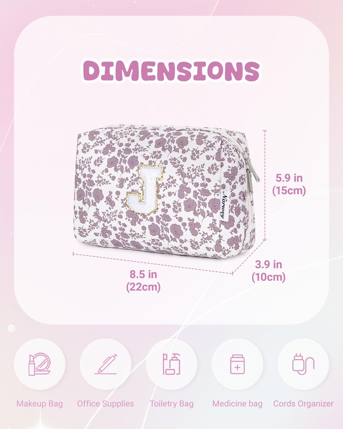 Narwey Birthday Gifts for Teen Girls Kids Women Personalized Initial Floral Makeup Bag Cute Cosmetic Trendy Stuff 6 8 10 11 12 13 14 16 18 Years Old Travel Toiletry Bag (Little Dusty Pink Flower J)