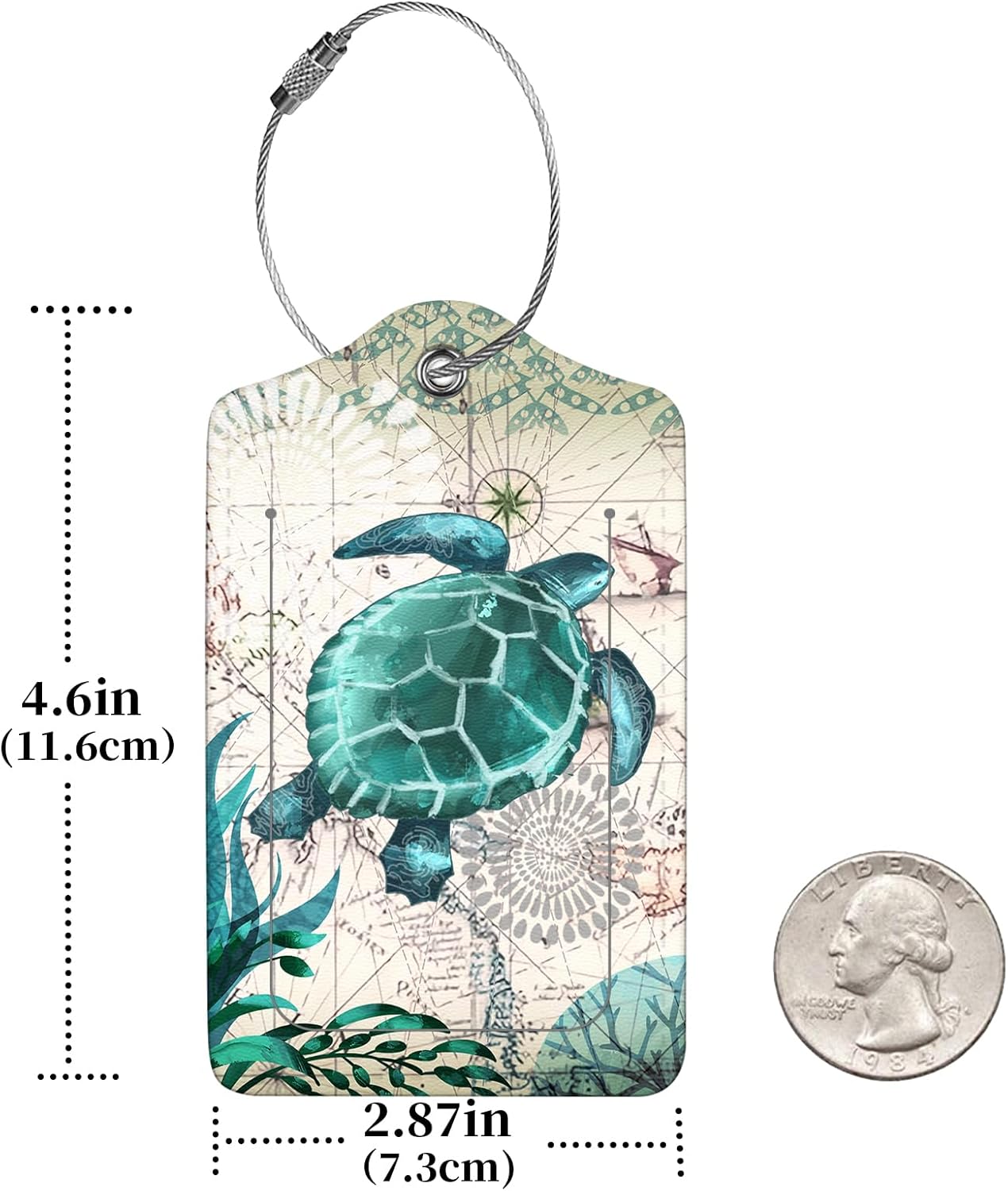 2 Pcs Luggage Tags for Suitcase, Cute Unique PU Leather Travel Bag Tag with Privacy Cover ID Label Address Card and Durable Metal Ring Suitable for Men Women Children Backpack, Turtles