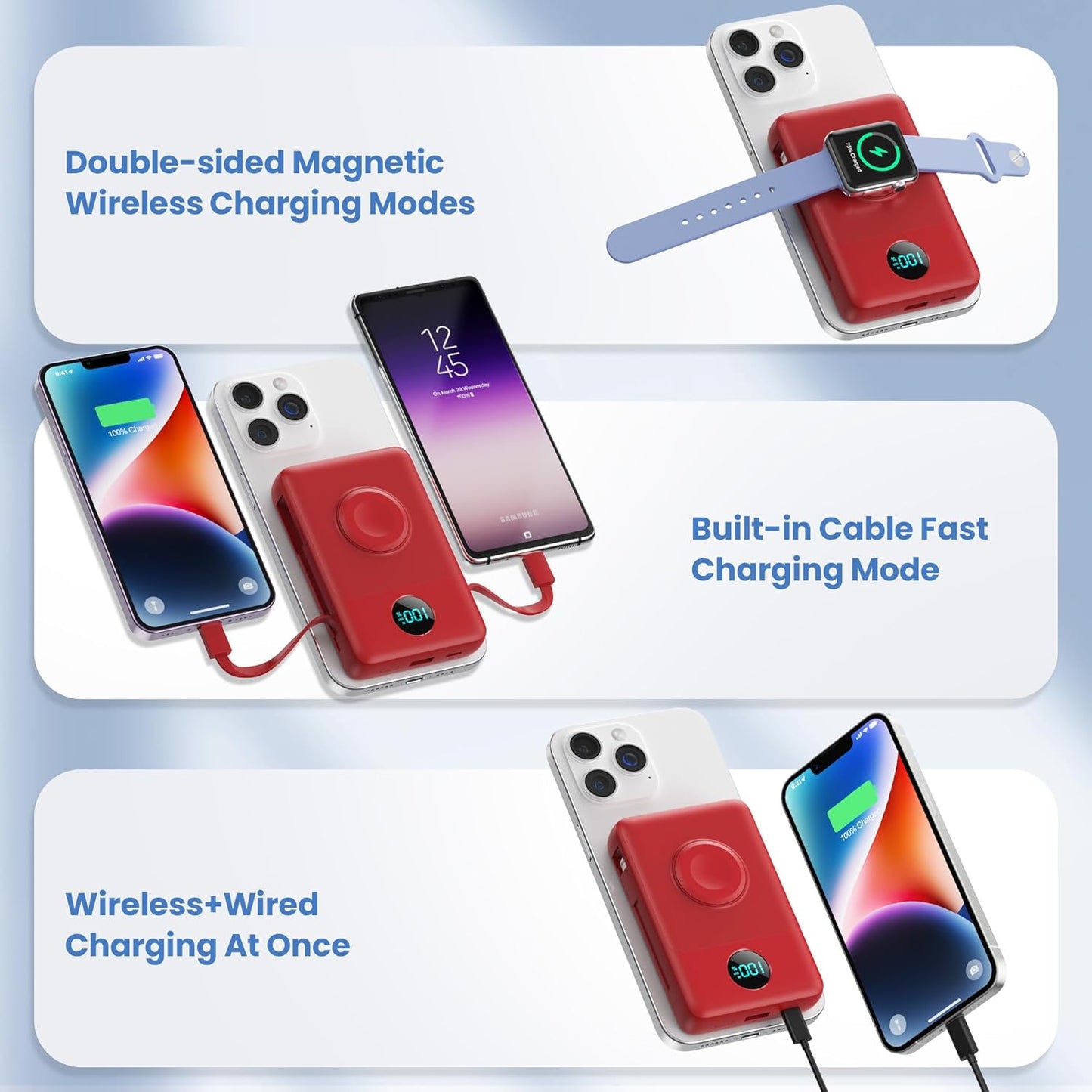 Magnetic Portable Charger for iPhone with Built-in Cables, 6-in-1 10800mAh Power Bank with iWatch Charger & LCD Display,25W Fast Charging Battery Pack for iPhone 17/16/15/14/13/12,Apple Watch (Red)