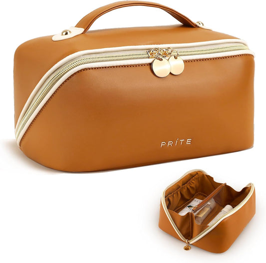 Prite Makeup Bag for Women Travel Waterproof Vegan Leather Cosmetic Bag Open Flat Toiletry Bag With Clear Divider and Handle