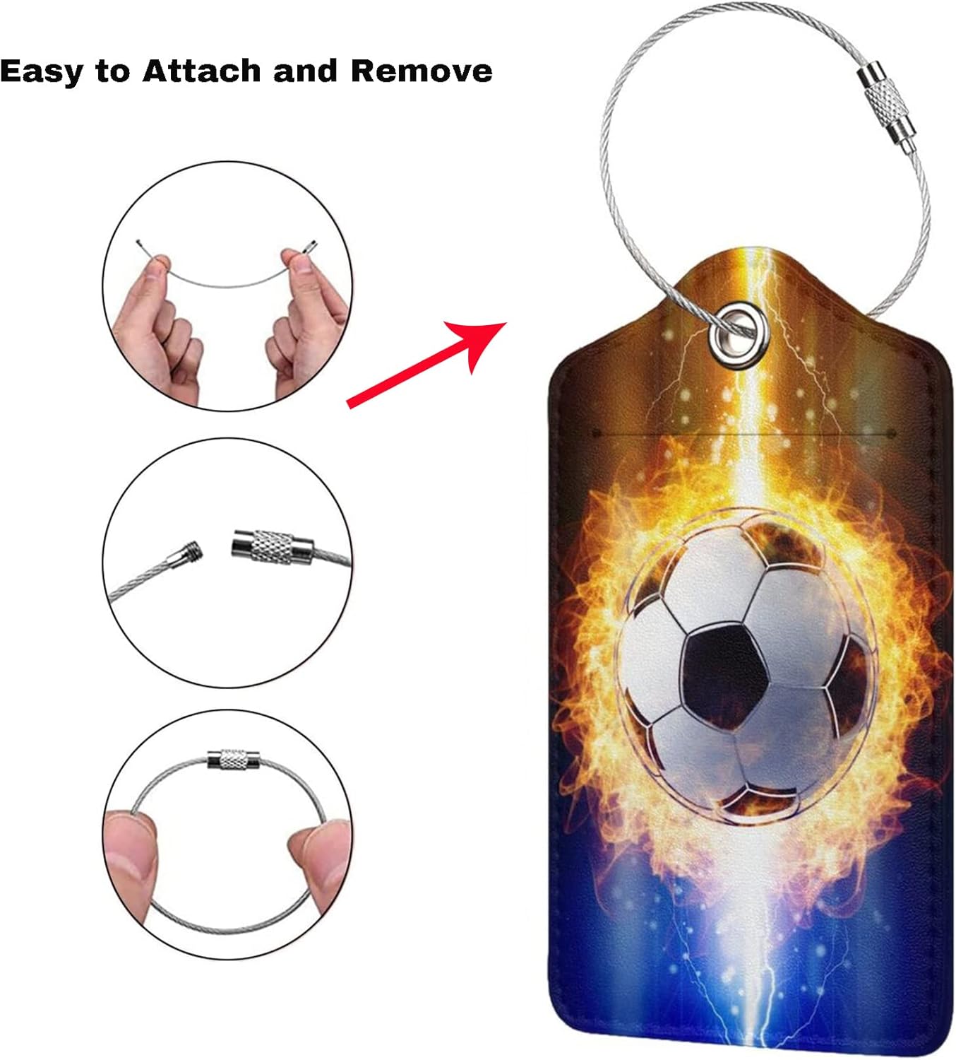 Kids Luggage Tags for Suitcases, 2 Piece Travel Suitcase Leather Bag Tags with Fire Soccer Ball Pattern for Sports Boys Men Women Teen Girls Travel, Identify ID Labels with Privacy Cover