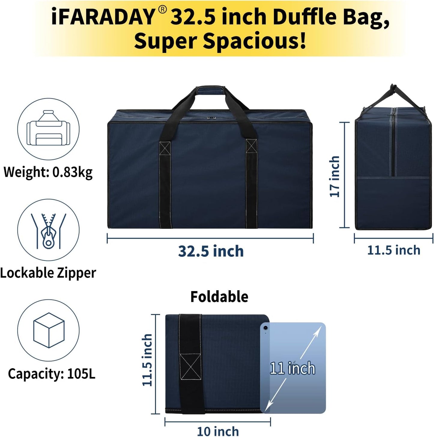 105L Extra Large Duffle Bag - 32.5 inch Heavy Duty & Water Resistant Duffel Bag Durable Luggage Storage Bag for Camping, Travel, Sports (Navy Blue)