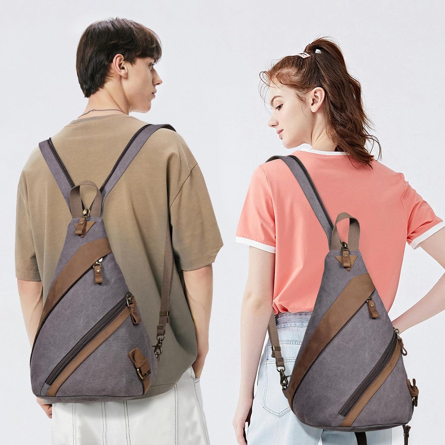 KL928 Canvas Sling Bag for Men Women, Genuine Leather Design Shoulder Crossbody Bags Backpacks