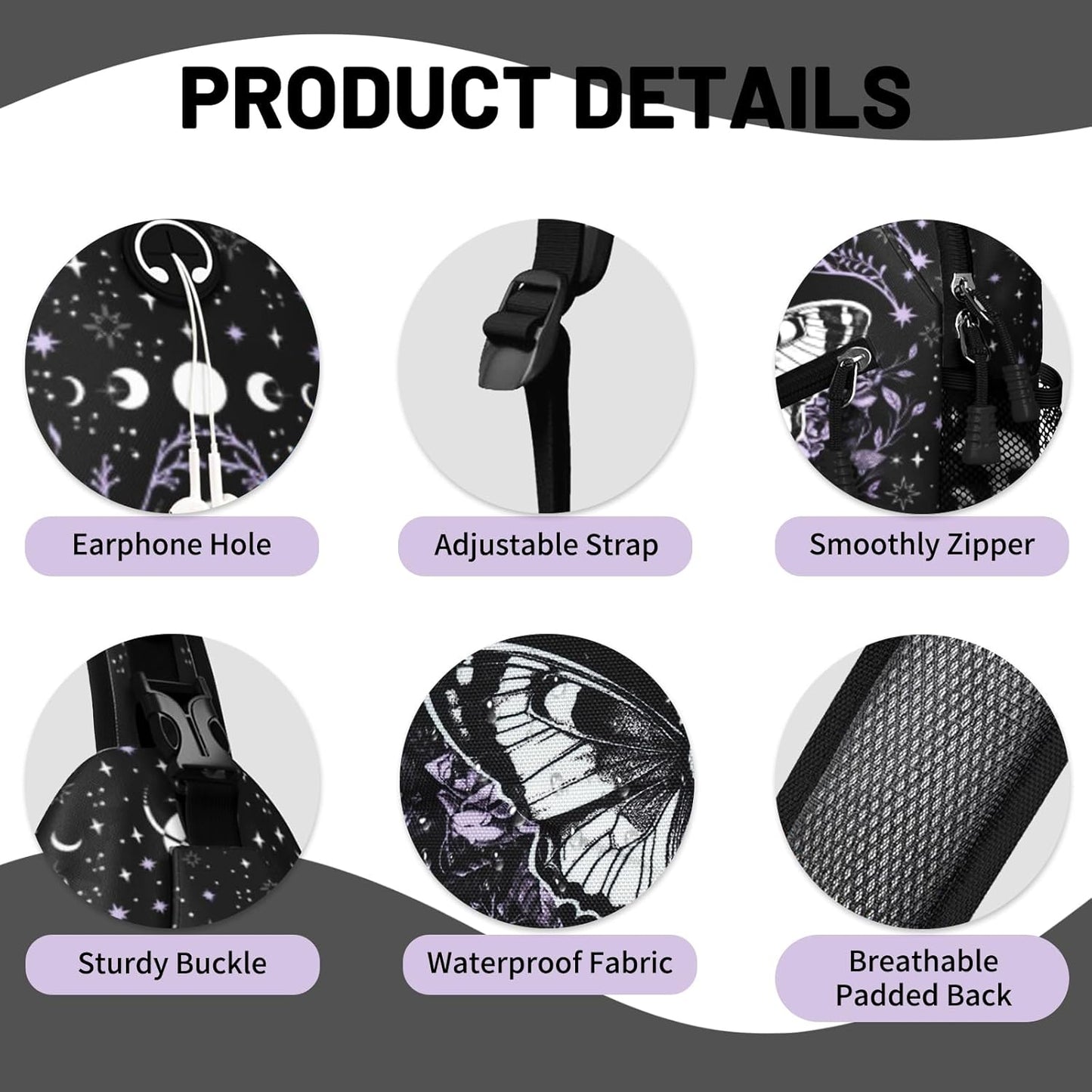 Black Gothic Butterfly Mushroom Sling Bag Crossbody Chest Bag for Women Men, Water Resistant Lightweight Casual Crossbody Bag with Adjustable Strap, Travel Hiking Daypack Shoulder Backpack