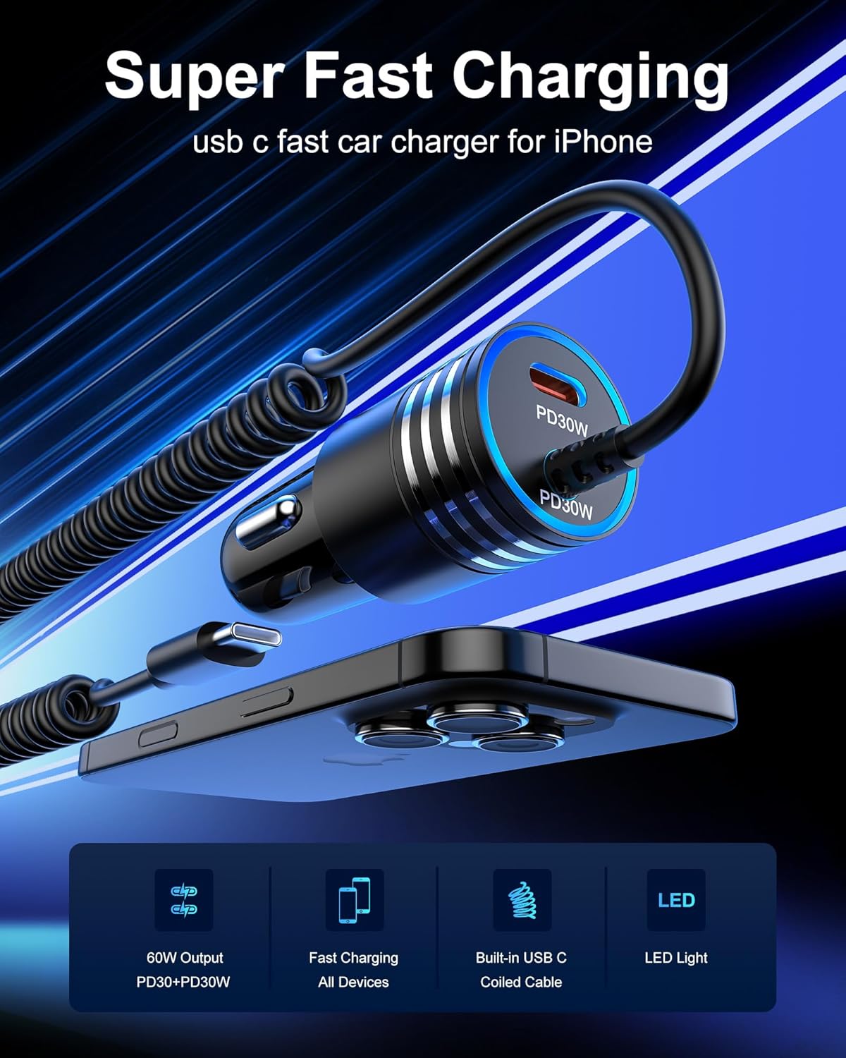 iPhone 16e 17 Car Charger USB C, 60W Dual PD Super Fast Charging Car Adapter with Coiled USB-C Cable for Apple 17/16 Pro Max/16 Pro/15 Plus/15 Pro, iPad mini/Air/Pro 11 inch, Type C cargador para Car