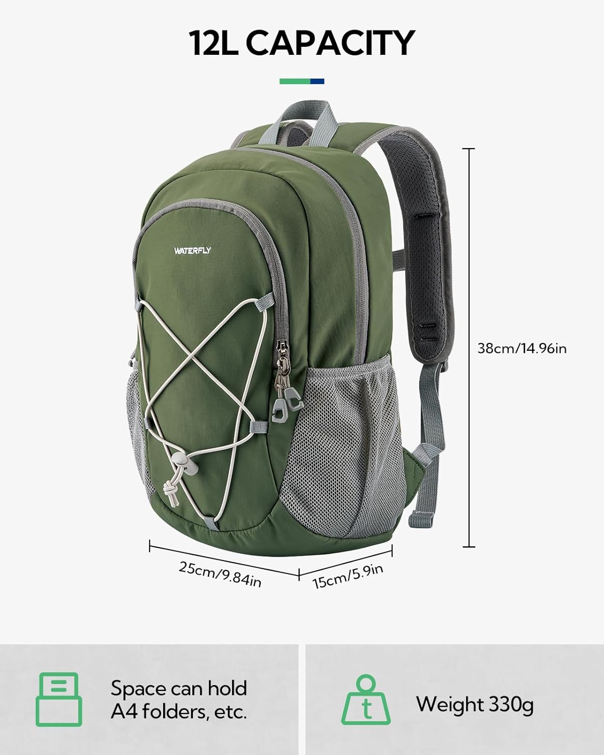 WATERFLY 12L Small Hiking Backpack: Day Pack Lightweight Travel Bag Camping Fitness Cycling Outdoor