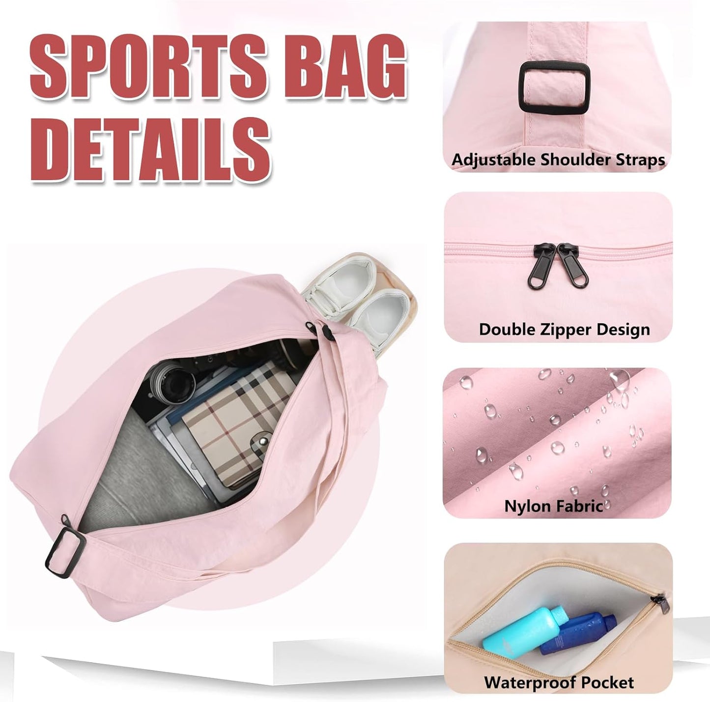 Small Gym Bag for Women with Shoes Compartment and Wet Pocket, Lightweight Travel Duffel Overnight Bags for Women & Men, Weekend Carry on Bag - Sport Yoga Swimming Dance(Pink)