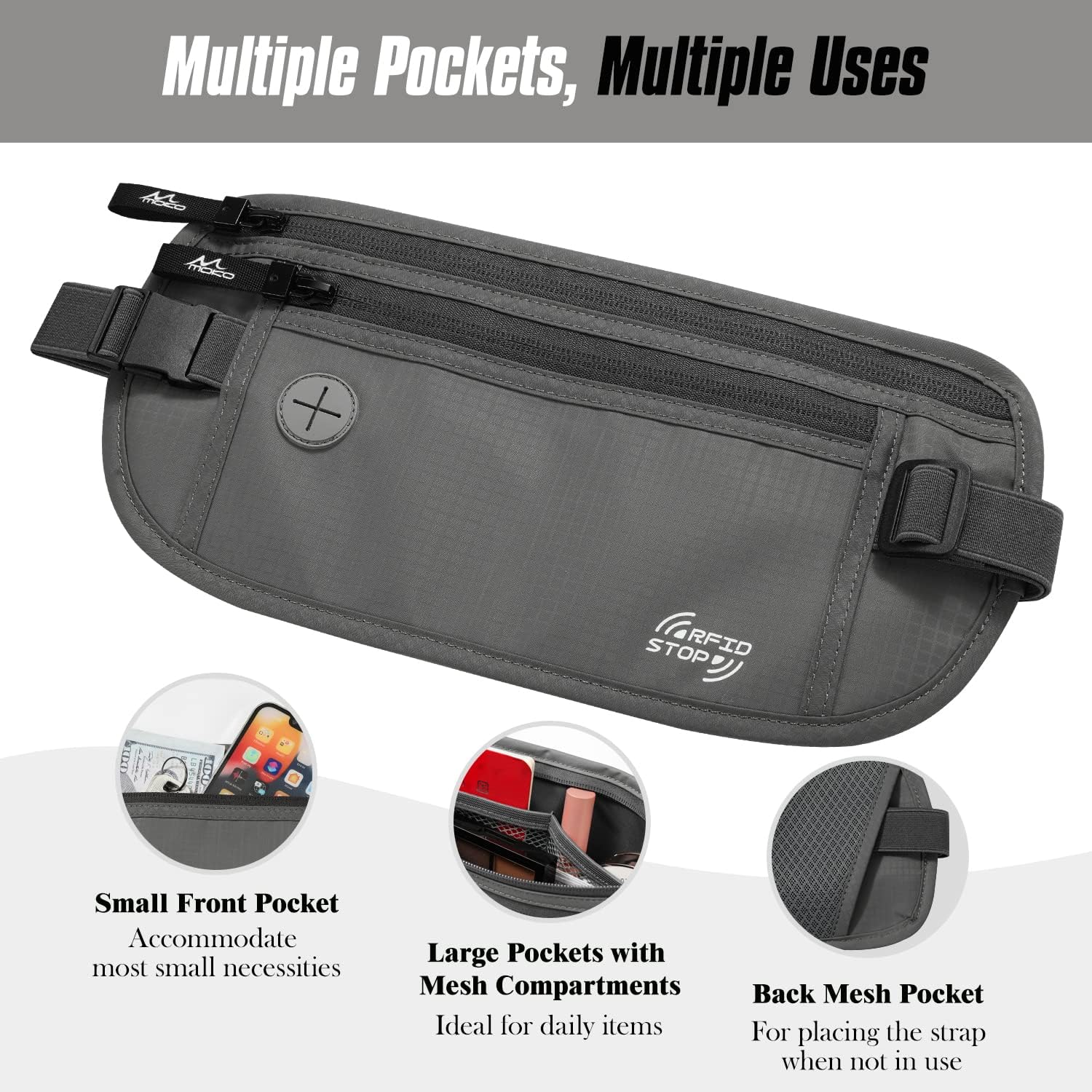 MoKo Secure Travel Money Belt, Undercover Hidden RFID Blocking Travel Wallet, Anti-Theft Passport