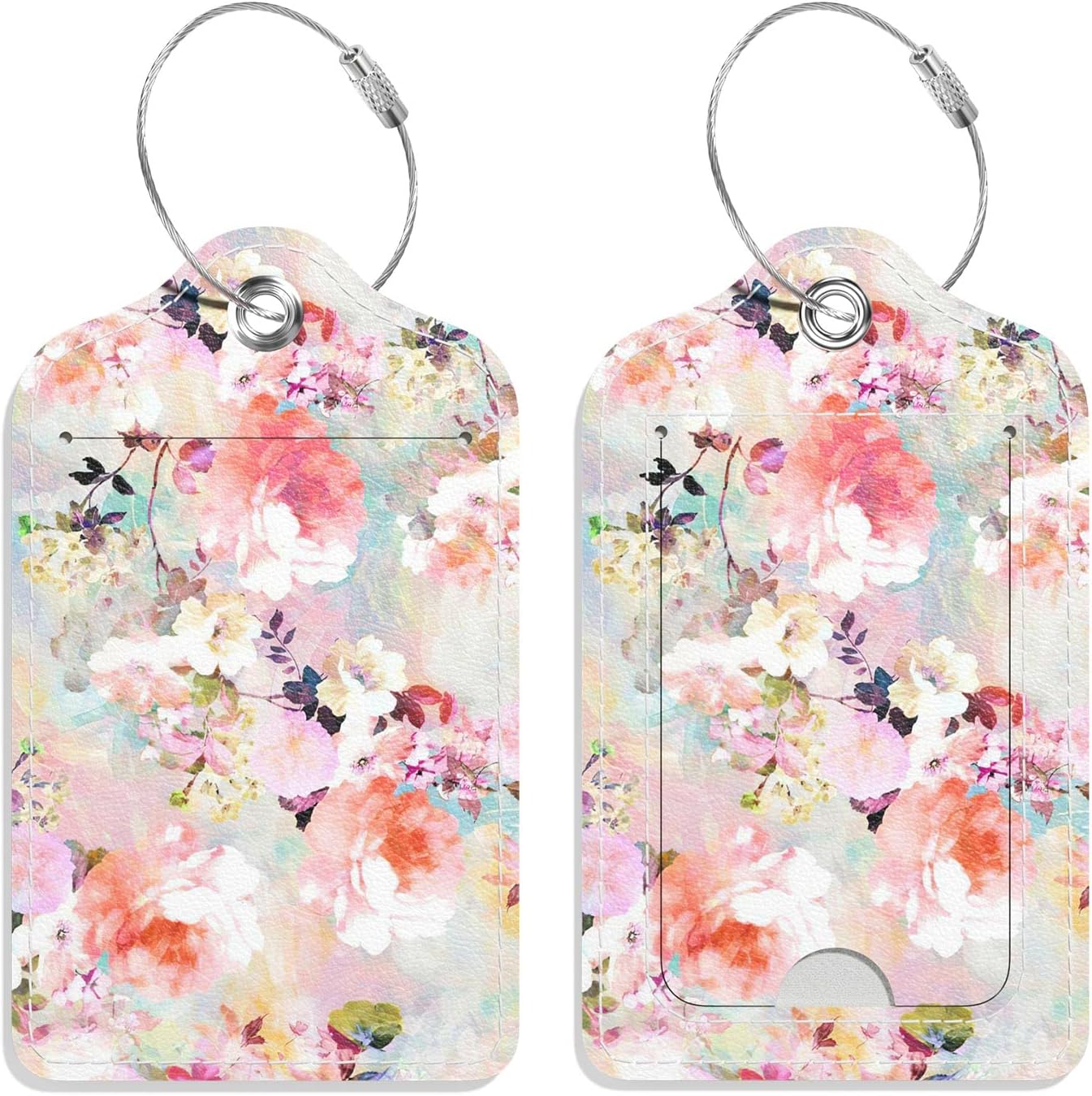 Luggage Tags for Suitcase, 2 Pack PU Leather Travel Cruise Luggage Tag with Privacy Flap, Name ID Label and Metal Loop for Women Men Suitcase Baggage Bag Backpack Instrument, Pink Rose Flower