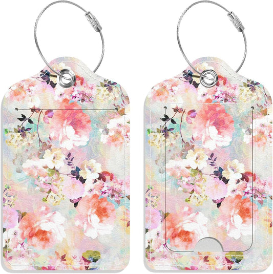 Luggage Tags for Suitcase, 2 Pack PU Leather Travel Cruise Luggage Tag with Privacy Flap, Name ID Label and Metal Loop for Women Men Suitcase Baggage Bag Backpack Instrument, Pink Rose Flower