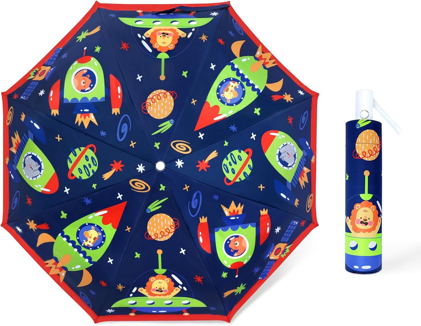Kids Folding Umbrella Auto Open/Close Anti-rebound Safe Design UV Resistant Automatic Children Travel Umbrellas 8 Rib Reinforced Canopy 360° Reflective Strip Lightweight Cute Umbrella for Girls & Boys