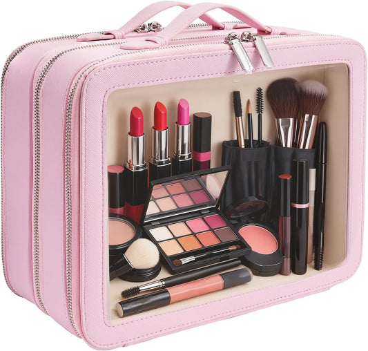 Clear Makeup Bag,Large Toiletry Case for Women,PU Leather Travel Cosmetic Bag,Detachable Makeup Case,Double Compartment Make up Organizer