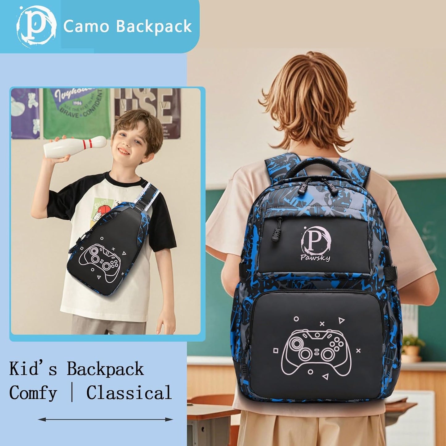 Anime Luminous Backpack School Backpack with USB Charging Port for Teen Boys, College School Bookbag Lightweight Laptop Bag with Sling Bag Set, Blue