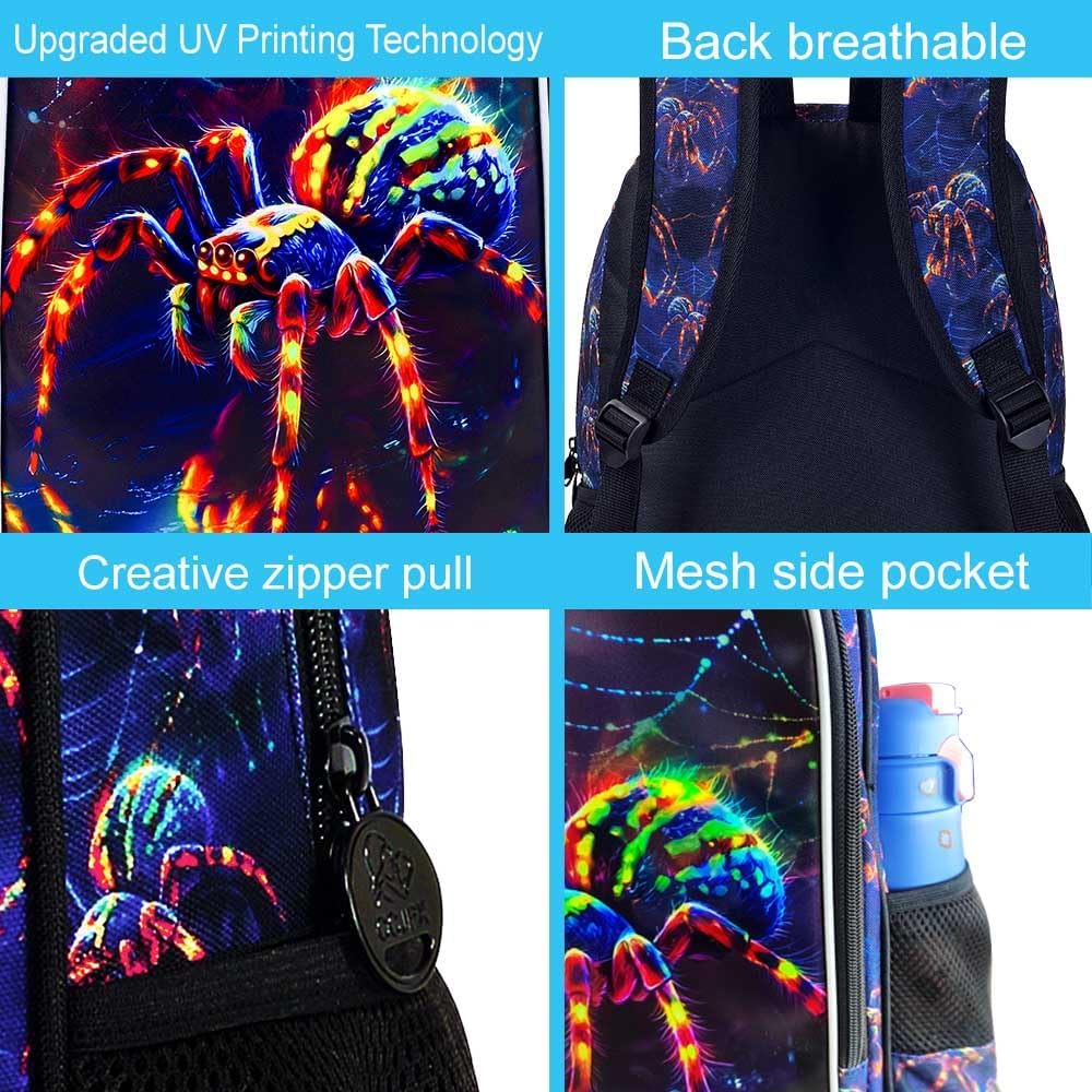 gxtvo 3PCS Spider Backpack for Boys, 16" Kids Bookbag with Lunch Box, Water Resistant Elementary Preschool Toddler School Bag